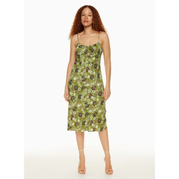 Aritzia WILFRED Bellow Green Floral Crepe Gathered Bust Midi Slip Dress, Size 2 - Picture 11 of 15
